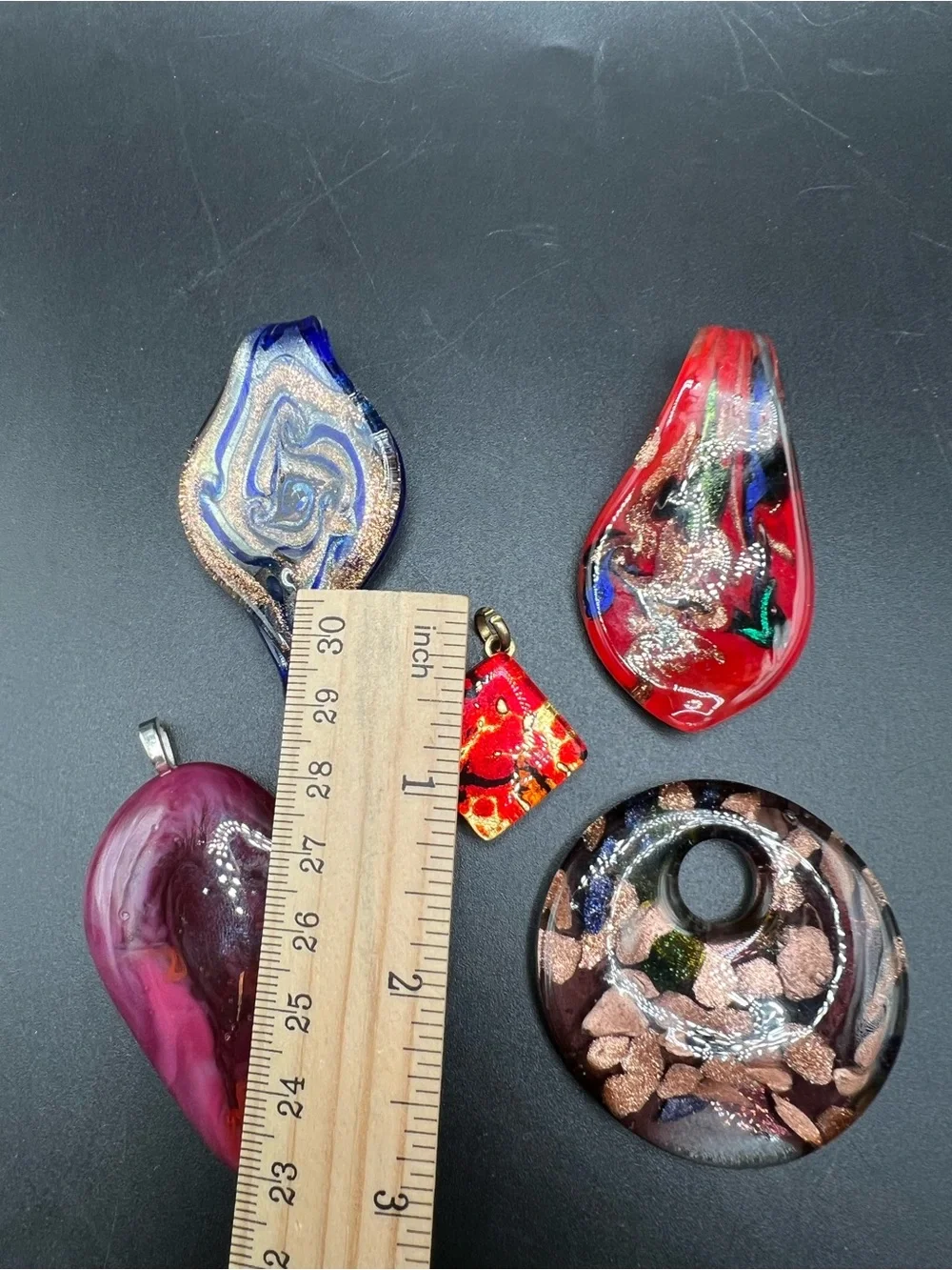 Lot of 5 Art Glass Pendants Hand Blown Dichroic Glass Heart Disc Jewelry Making